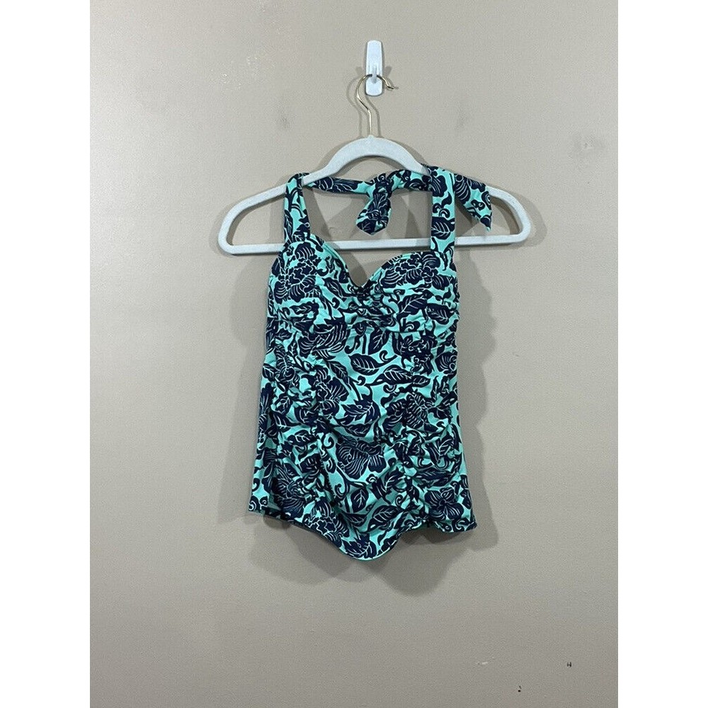 Lands End Womens Tropical Halter Tankini Top 6 Blue Hawaiian Ruched Built-in Bra